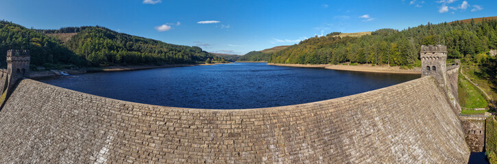Ultra-wide Aerial Panorama of Derwent Dam Wall and Deep Reservoir Waters in Peak District National Park, UK.  © bardhok