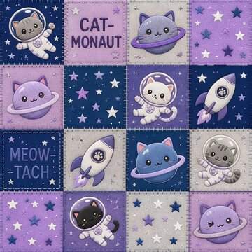 seamless patchwork pattern with a space cat theme