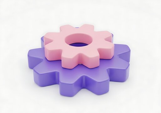 Two 3d gear icons with a pink cog stacked on a purple cog for business and technology concepts