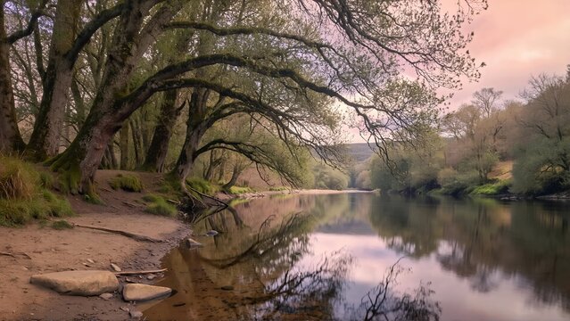 Peaceful vintage style natural landscape with overhanging willow trees reflecting in a calm river bank during a soft sunset