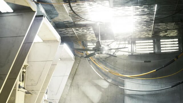 High ceiling maintenance bay flooded sunlight. Conduits and harnesses run across overhead, bulkhead panels and service fixtures visible, clinical industrial