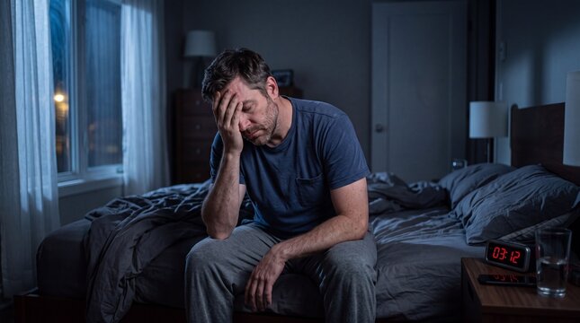 A distressed man sits on the edge of a bed in a dim bedroom, appearing tired and emotionally overwhelmed.