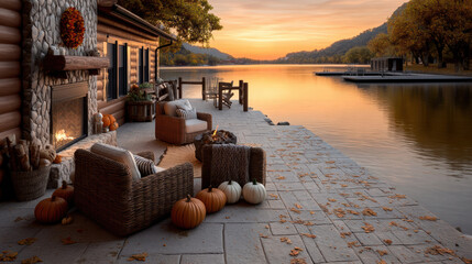 Fototapeta premium Lakeside log cabin patio decorated autumn sunset pumpkins cozy Lakeside log cabin patio decorated with pumpkins and cozy
