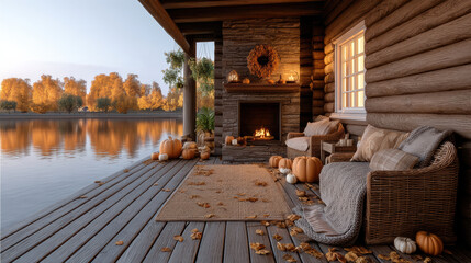 Obraz premium Cozy lakeside log cabin patio with autumn decor, pumpkins, wicker chairs, fireplace, and warm sunset light