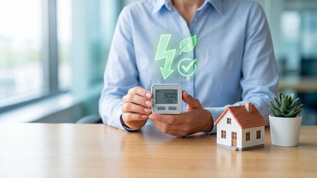 Home electricity saving and energy consumption reduction concept, hand holding smart meter with green leaf and checkmark hologram near miniature house for lower utility bill