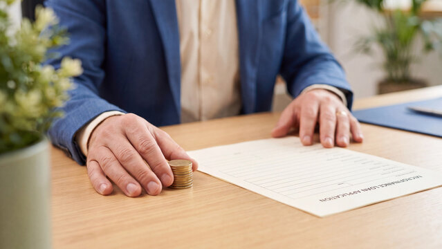 Microfinance loan application and small business credit concept, man with coin stack and loan form for money lending, banking approval and personal finance planning