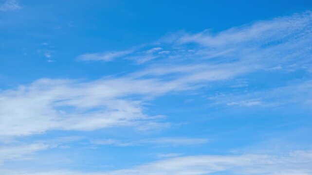 Blue sky cloud timelapse video featuring scattered altocumulus and thin cirrus clouds drifting with upper-level winds, revealing calm daylight, atmospheric motion, and pleasant weather conditions. 4k.
