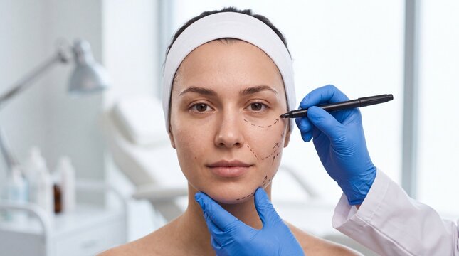 A cosmetic specialist marks a woman's face during a professional facial aesthetic treatment.