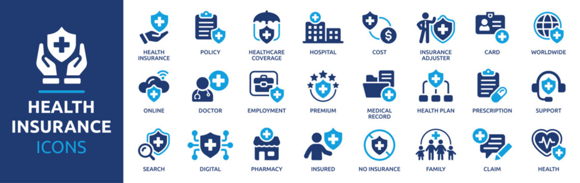 Health Insurance icon set. Containing Healthcare, Medical Coverage, Insurance Policy and Health Protection Solid Vector Collection