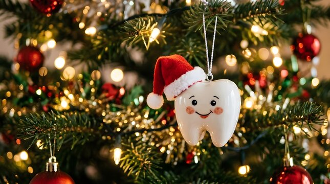 A whimsical christmas tooth ornament hangs cheerfully on a brightly decorated holiday evergreen tree