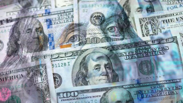 100 Dollar Banknote. Glitch Loop art banner. Money, Inflation and Crisis Concept