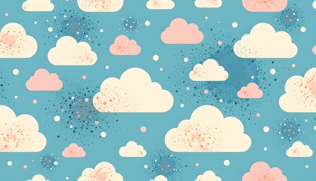 The image features a playful and whimsical pattern of clouds scattered across a bright blue sky