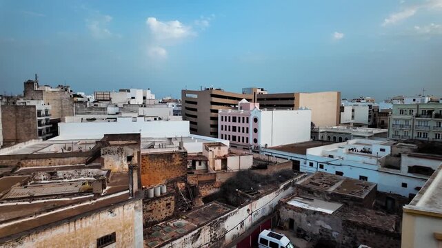 Establishing shot of Arrecife city rooftops and buildings, Lanzarote, Canary Islands