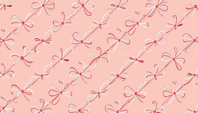 The image features a pattern of delicate, hand drawn bows arranged in diagonal rows across a soft pink background
