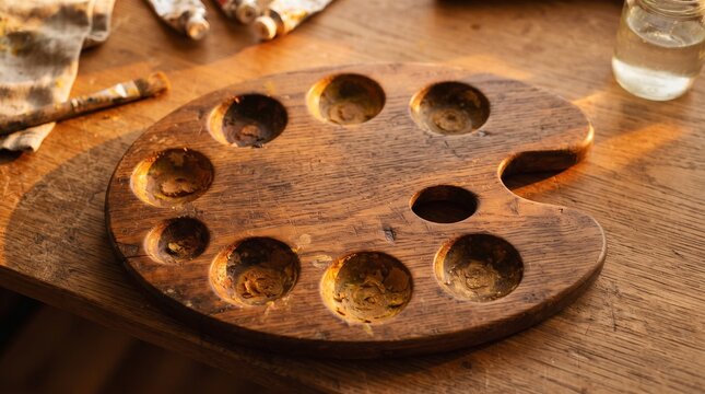 Elegant wooden artist palette with sculpted paint wells and subtle amber pigment traces, illuminated by warm golden light in a premium studio setting