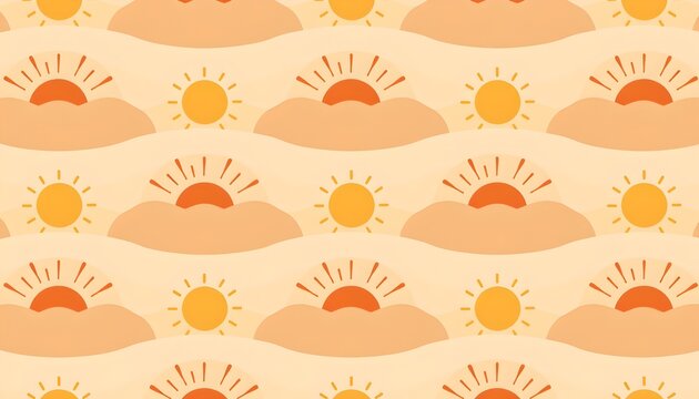 The image features a repeating pattern of stylized suns partly obscured by rolling hills