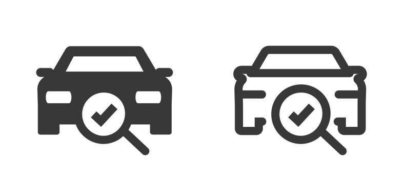 Car inspection check mark simple icon vector line stroke and solid pictogram set, vehicle audit search sign symbol service, problem maintenance repair success fixing, diagnostic test assessment
