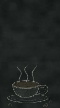 A chalk drawing of a steaming coffee cup and beans on a dark chalkboard, with copy space for a cafe menu, vertical video in a seamless loop