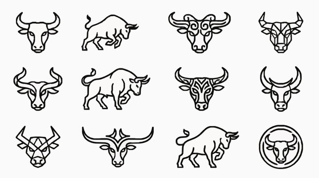 Minimalist bull head and walking ox silhouettes for logo design elements