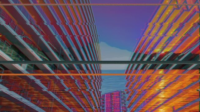 A seamless loop video showcasing a seaside shore morphing into a concrete jungle. The transition features intense camera shake, signal distortion, and a dramatic collapse into analog static noise.