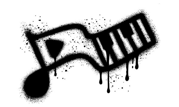 Grunge black and white piano keys. Vector illustration.graffiti Note music icon with over spray in black over white. Vector illustration.