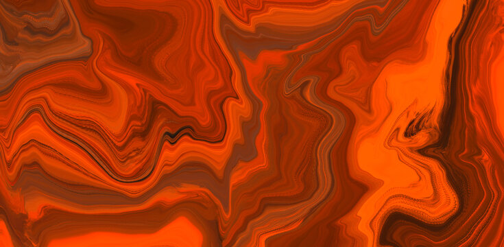 Abstract vivid orange and red wavy marble effect background. Modern digital watercolor paint textured backdrop with dark flowing waves and lines for contemporary design, wallpaper, liquid texture