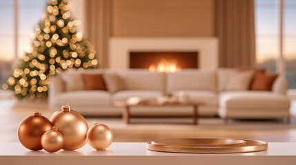 Fototapeta premium Cozy living room scene with golden Christmas ornaments and fireplace glow