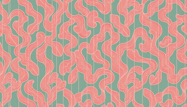 The image features a repeating pattern of abstract, winding shapes in shades of pink, resembling stylized leaves or flames, set against a muted green background