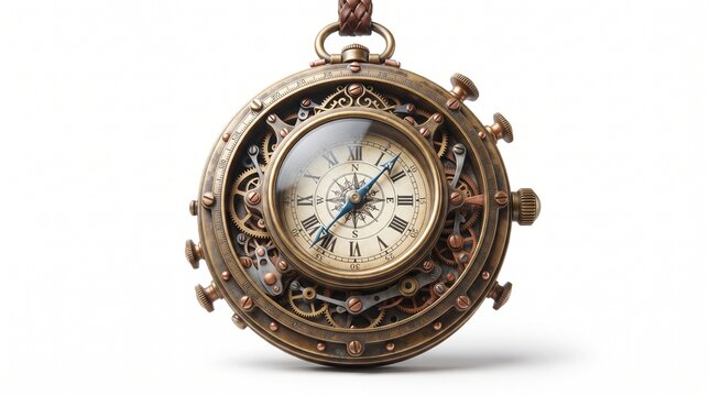 An intricate antique brass pocket watch with visible mechanical gears isolated on a white background.