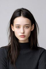 Obraz premium Young East Asian woman with long dark hair, neutral expression, wearing black sweater, studio portrait
