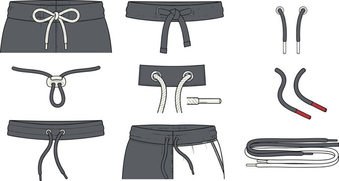 Apparel Drawstring and Waistband Technical Detail Vector Template Set with Eyelets Aglets String Ties and Toggle Fasteners for Hoodie and Jogger Tech Pack Design