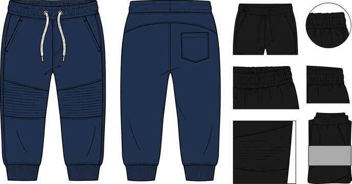Men Moto Joggers and Sweatpants Fashion Tech Pack Vector Template Featuring Front Back Views Ribbed Knee Panels Drawstring Waistband and Folded Retail Layout Mockup