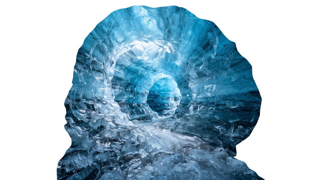Glacial ice cave with deep blue crystalline textures, frozen arctic tunnel interior, translucent blue ice formation in a winter cavern isolated PNG with Transparent Background