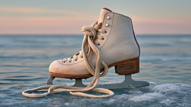 Winter Accessories photo: a single ice skate on a frozen pond with its laces tangled in a knot, pastel grey sky background.