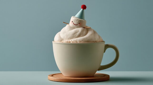 Surreal Silliness Food photo: a white coffee mug on a wooden coaster with a marshmallow wearing a party hat on the rim, pastel blue background.