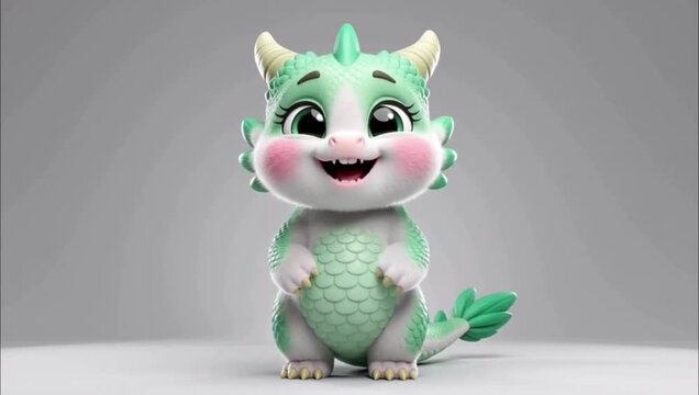 A cute little green dragon character with big eyes standing on a plain background.
