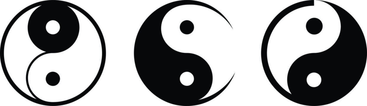 Set of three yin yang symbols depicting balance and harmony in abstract black and white style with philosophy religion spiritual spirituality