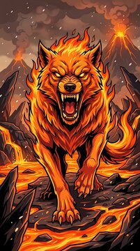 Fierce hellhound in a volcanic lava hellscape mobile wallpaper.