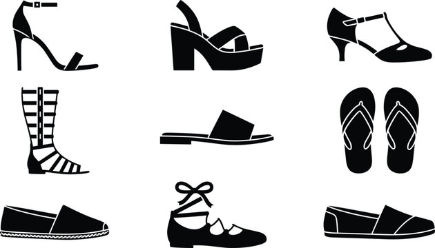 Women Summer Shoes Silhouette Collection Featuring High Heels Sandals Platform Wedges Flip Flops Gladiators Espadrilles and Ballet Flats Vector Stencil Set for Craft Cutting