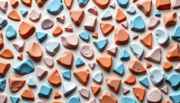 The image features an arrangement of small, irregularly shaped objects in pastel and earthy tones, including shades of blue, pink, beige, and brown