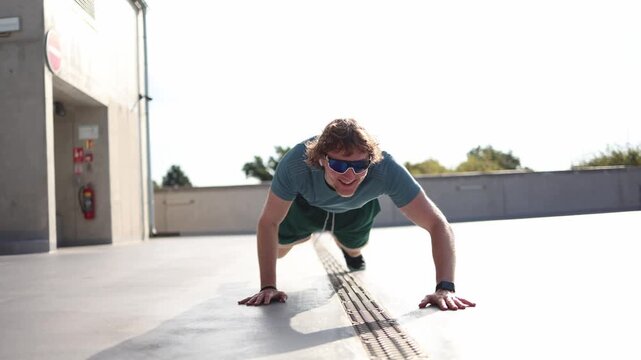 Athlete performs fast bear crawl running on hands and feet during outdoor workout building coordination agility endurance core strength and full body fitness training