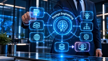 Obraz premium Businessman interacting with a futuristic digital interface representing artificial intelligence and modern data management technology