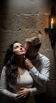 Couple embracing in a dimly lit stone room with a candle, symbolizing passion, romance, and intimacy, perfect for love or wedding themes