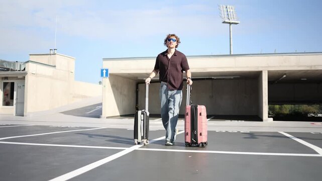 Young man moves with two suitcases planning to rent a cheaper apartment and reduce living expenses while starting a more affordable chapter of independent urban life