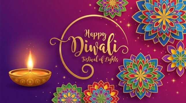 Diwali, Deepavali or Dipavali the festival of lights india with gold diya patterned and crystals on paper color Background.