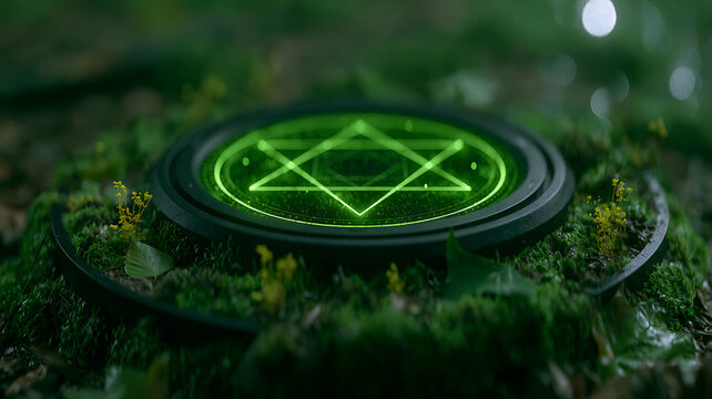 Mystical glowing green hexagram symbol resting on mossy ground in a forest