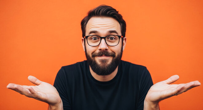 Man with glasses and beard gestures with open hands, representing confusion or invitation, with a plain orange background and free space for text.