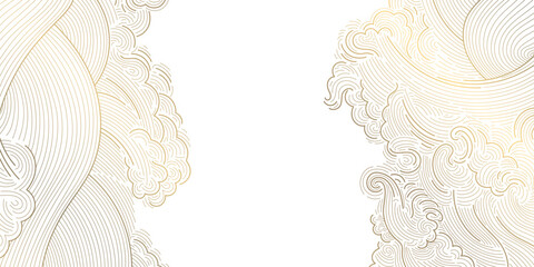 Obraz na płótnie Canvas Elegant Japanese and Chinese pattern with flowing lines, clouds, waves, oriental elements, luxury golden frame. Asian abstract backgrounds, ornament wallpaper, sea labels