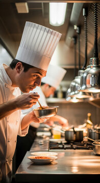 Chef in tall white hat tastes from a metal bowl in professional kitchen, showcasing culinary expertise and dedication.