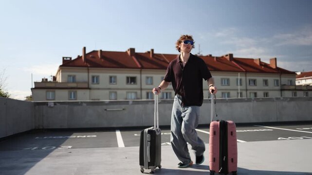 Young man runs with two suitcases rushing to begin a new chapter in life as he leaves his familiar routine behind and heads toward fresh opportunities and experiences ahead